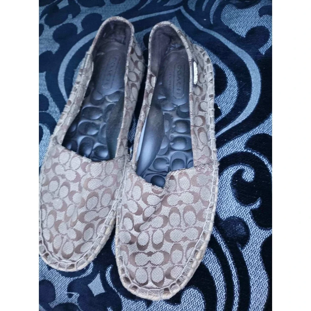 Coach Signature Canvas Espadrilles Khaki Brown Monogram Slip On Flats Shoes